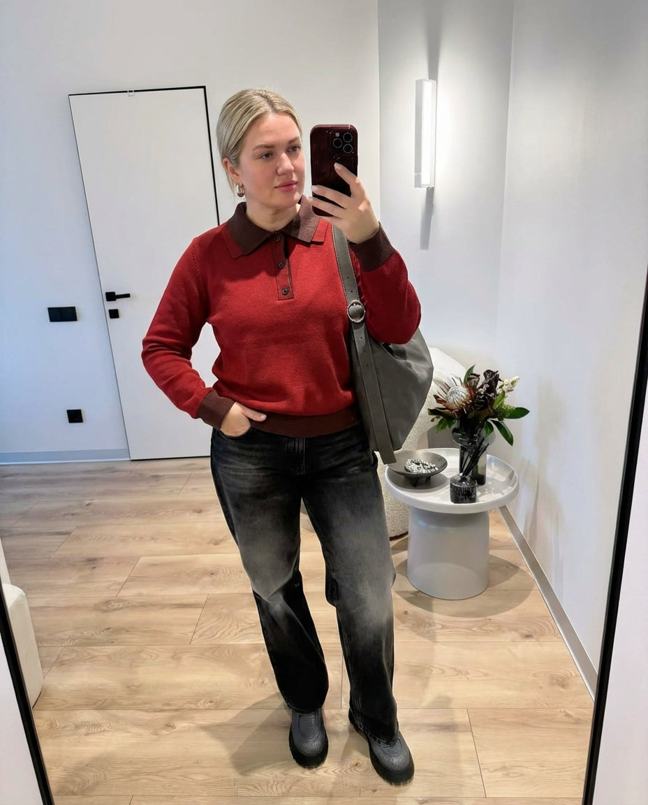Vera | Polo Sweatshirt Red Brown Collar Long Sleeve