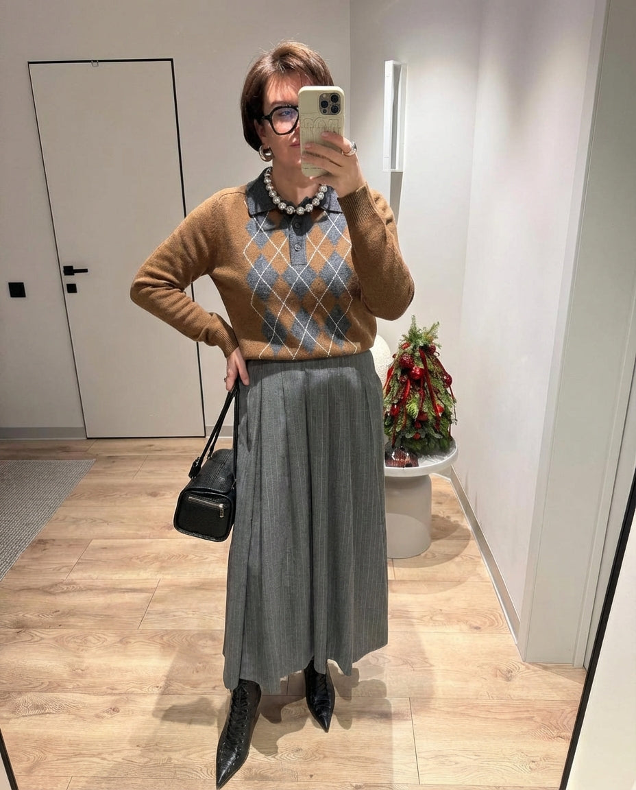 Vera | Argyle Sweater Brown Collared Knit Polo Gray