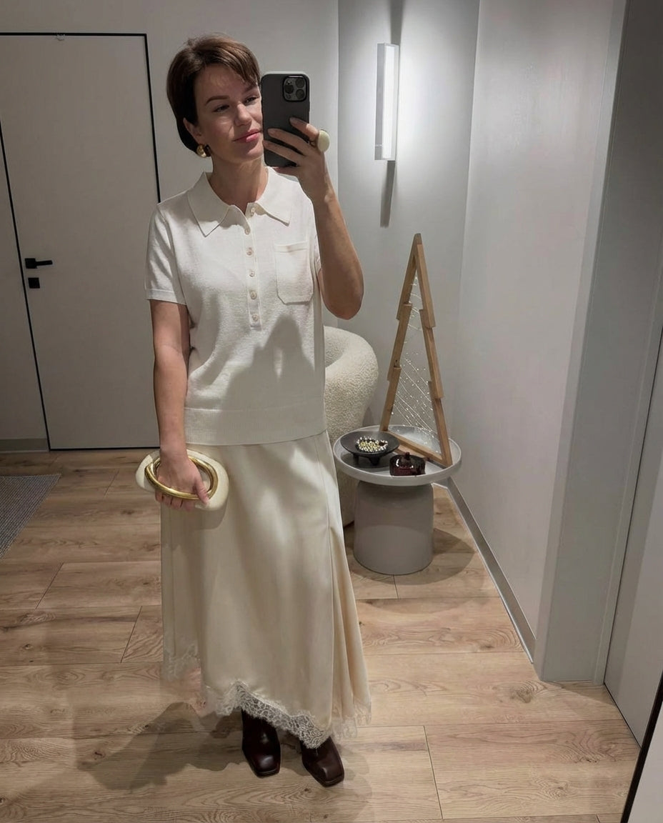 Aria | Knit Polo Shirt Cream Short Sleeve Collared