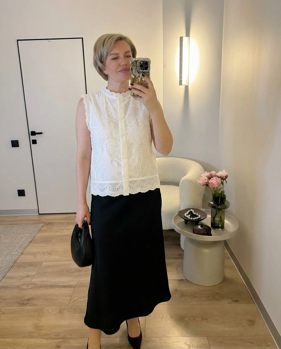 Vera | Sleeveless Lace Cardigan White Eyelet Button Front