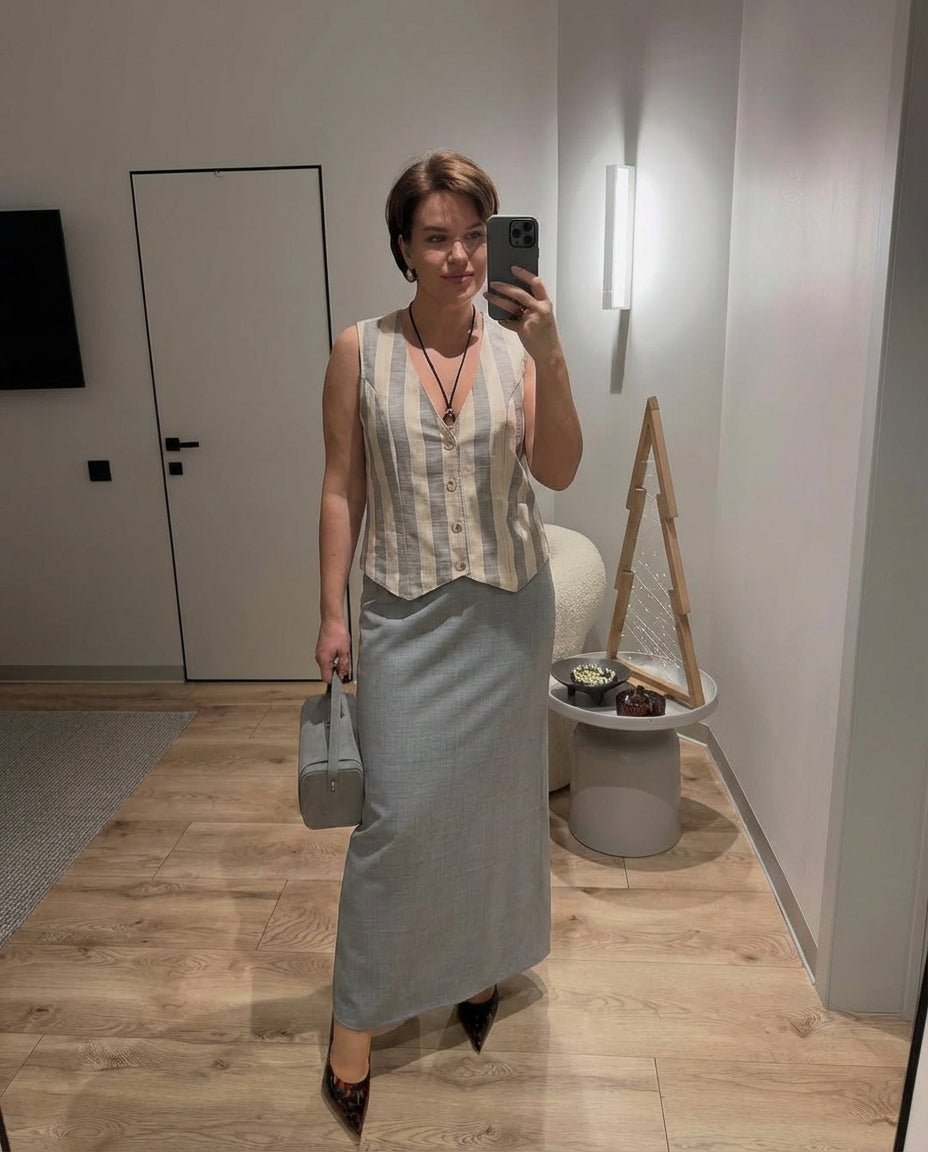 Vera | Striped Linen Vest Cream Beige Button Front