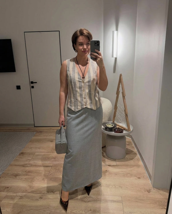 Vera | Striped Linen Vest Cream Beige Button Front