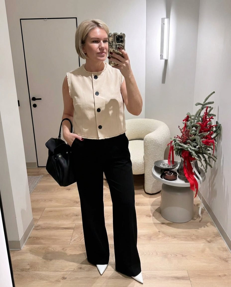 Neve | Sleeveless Button Up Sweater Vest Cream Frayed Edge