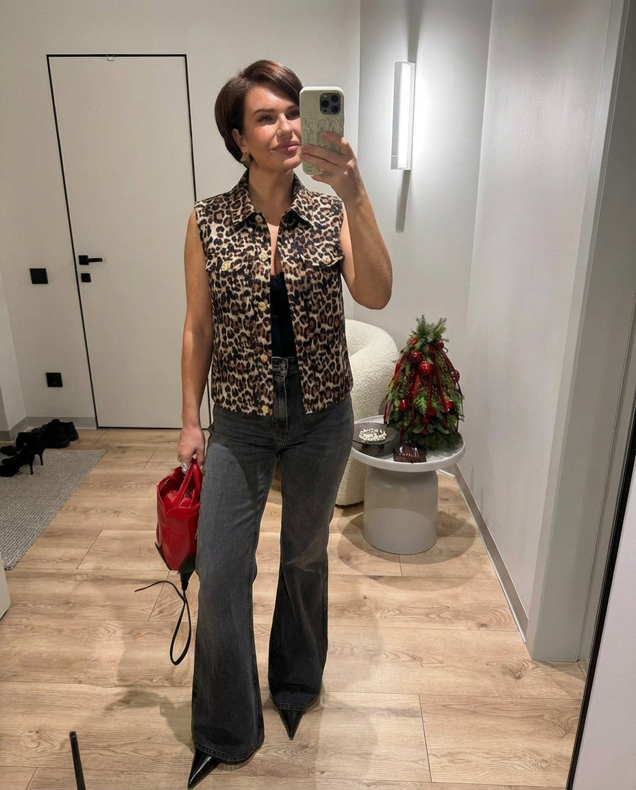 Vera | Leopard Print Button Vest Brown Collared Gold Hardware