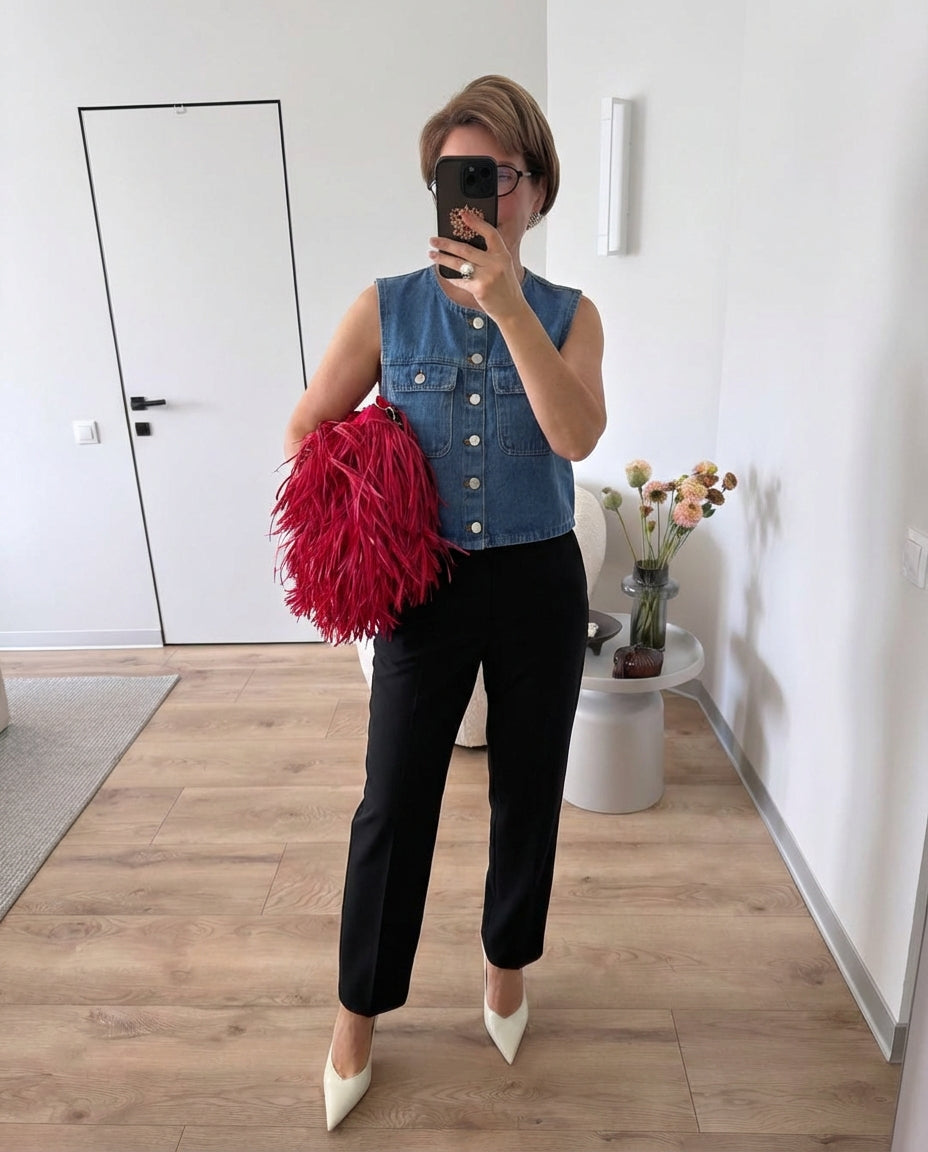 Nola | Cropped Denim Vest Blue Button Front Pockets