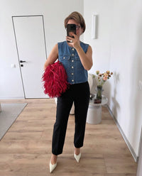 Nola | Cropped Denim Vest Blue Button Front Pockets