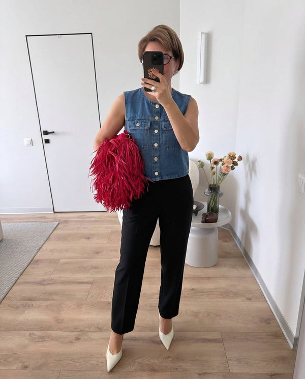 Nola | Cropped Denim Vest Blue Button Front Pockets
