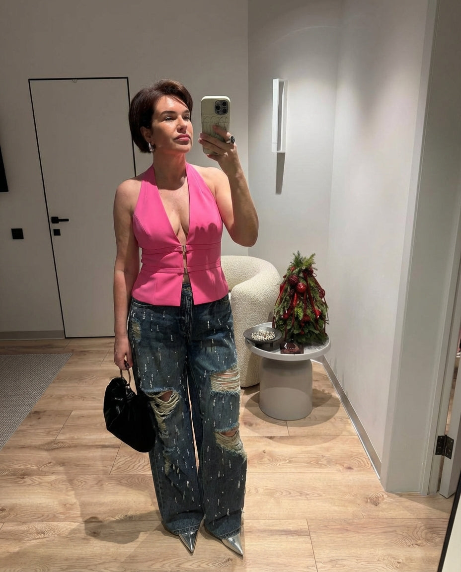 Faye | Halter Top Pink Buckle Fitted Stretch