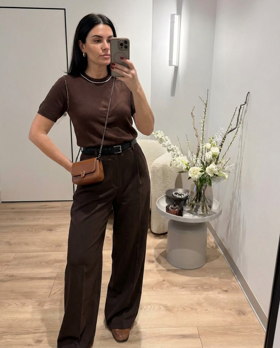 Vera | Crew Neck Knit Top Brown Contrast Trim