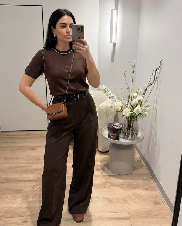 Vera | Crew Neck Knit Top Brown Contrast Trim