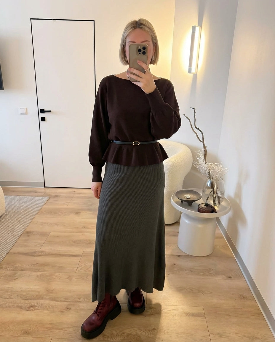 Luisa | Oversized Peplum Blouse Brown Belted Waist