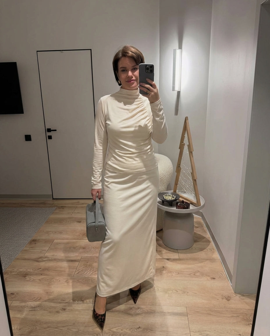 Vera | Ruched Mock Neck Top Cream Long Sleeve