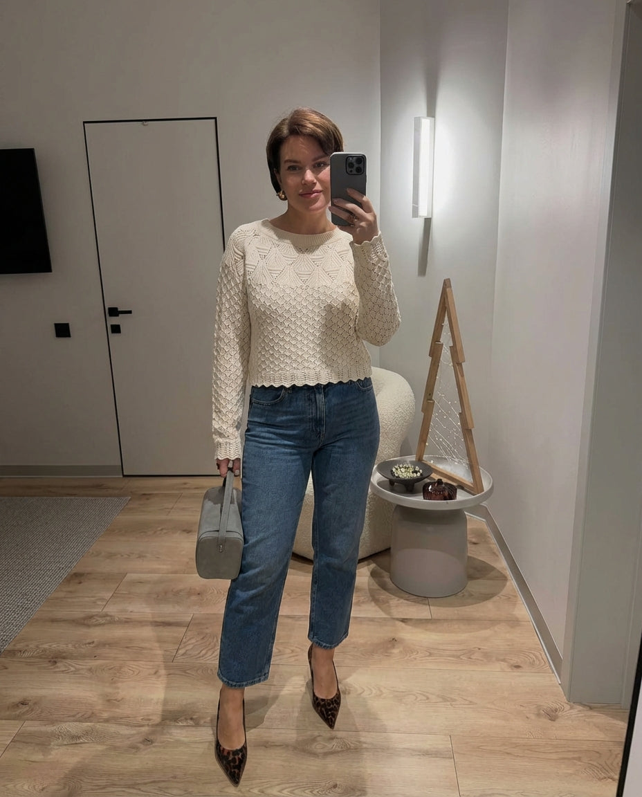 Alma | Cropped Crochet Top Cream Scalloped Long Sleeve