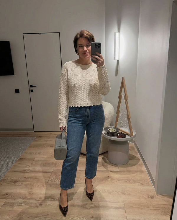 Alma | Cropped Crochet Top Cream Scalloped Long Sleeve