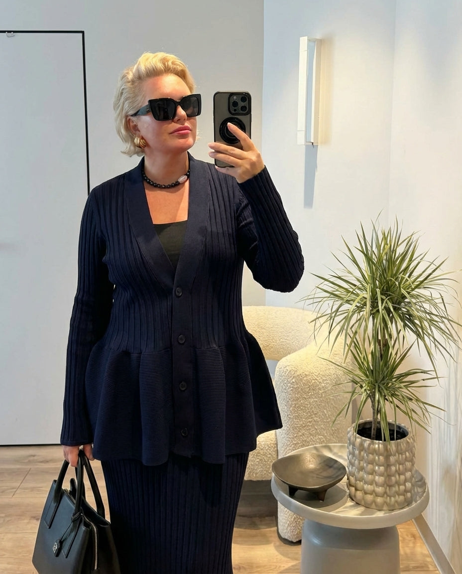 Vida | Ribbed Peplum Cardigan Black Long Sleeve Button Front