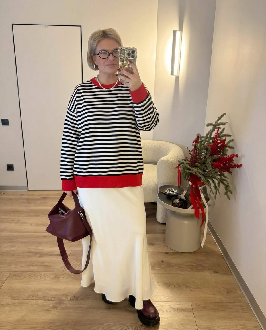 Margot | Striped Knit Sweater Red White Black Crew Neck