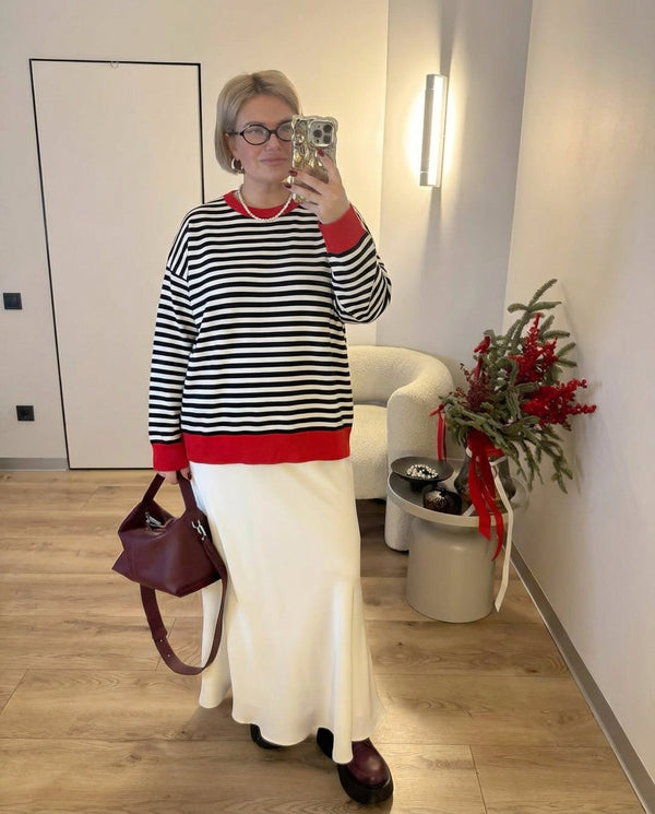 Margot | Striped Knit Sweater Red White Black Crew Neck