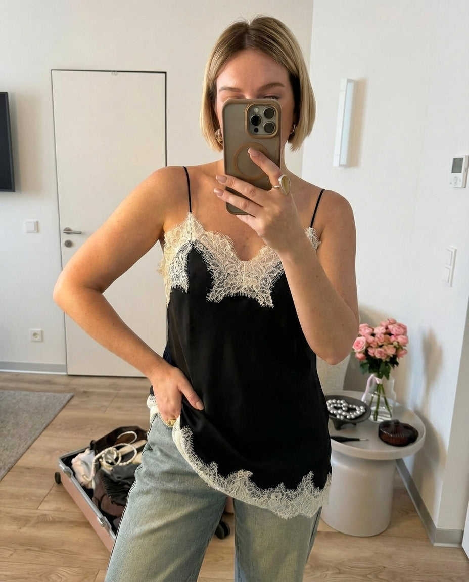 Alma | Lace Camisole Black Cream Trim Satin
