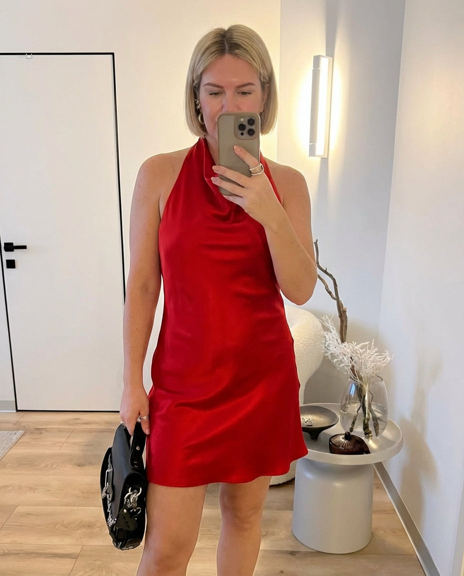 Liv | Halter Cowl Neck Mini Dress Red