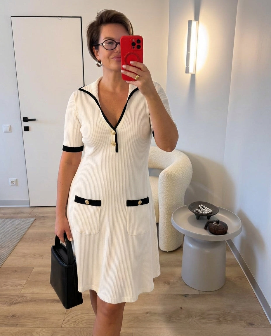 Neve | Preppy A Line Dress Cream Black Trim Short Sleeve