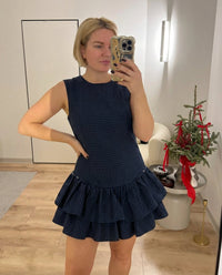 Alma | Preppy Ruffle Hem Mini Dress Navy Blue Plaid