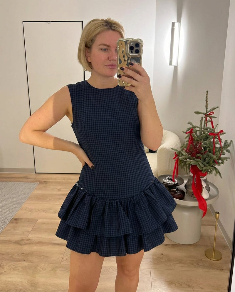 Alma | Preppy Ruffle Hem Mini Dress Navy Blue Plaid