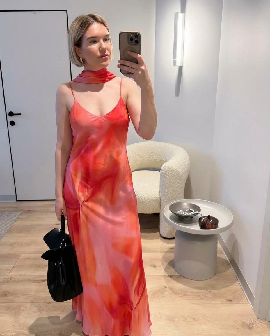 Lux | Halter Maxi Dress Red Orange Tie Dye Sheer
