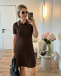 Vera | Preppy Ribbed Knit Dress Brown Polo Collar
