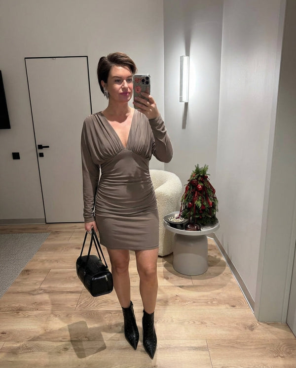 Isla | Ruched Tie Back Long Sleeve Dress Taupe