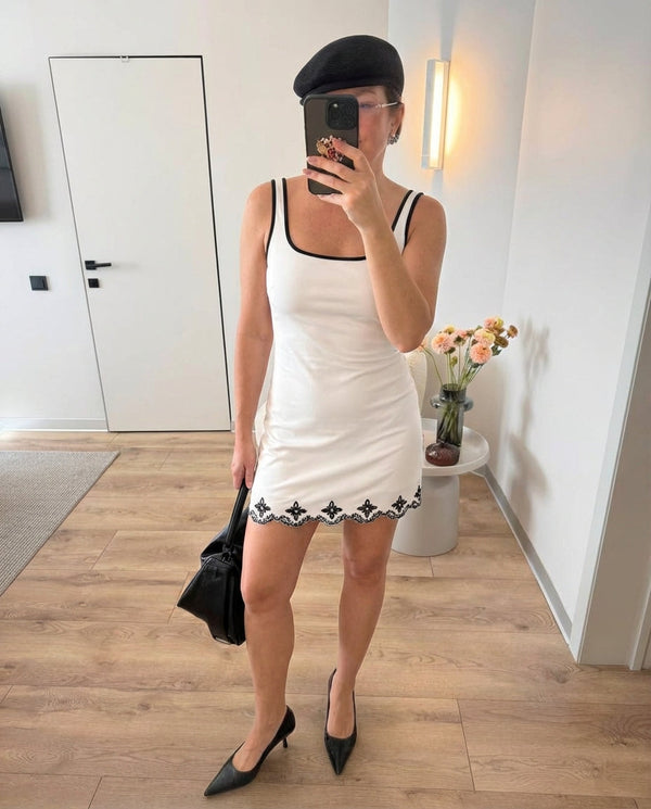 Viola | White Dress Black Lace Trim Sleeveless
