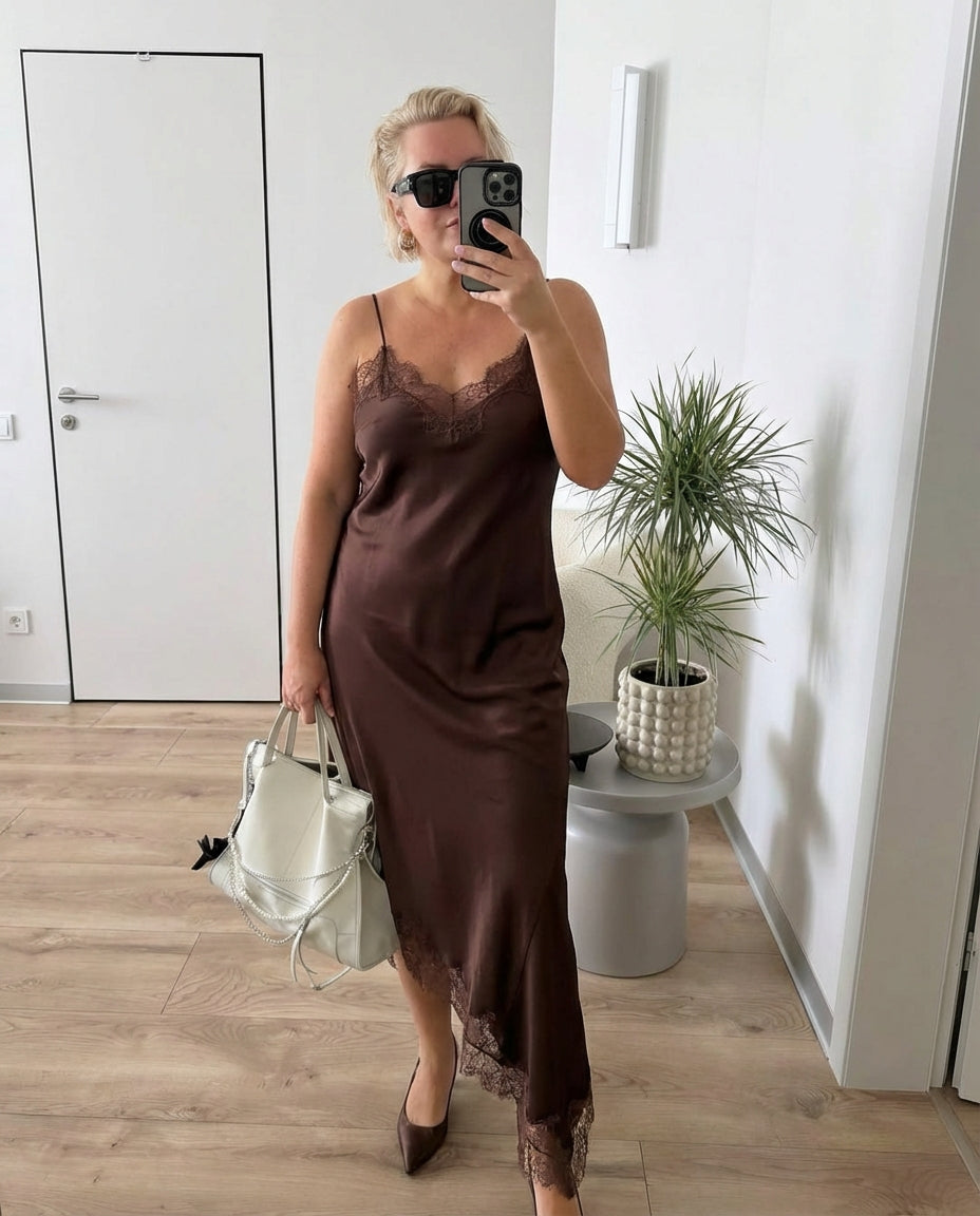 Vera | Lace Trim Satin Slip Dress Brown V Neck