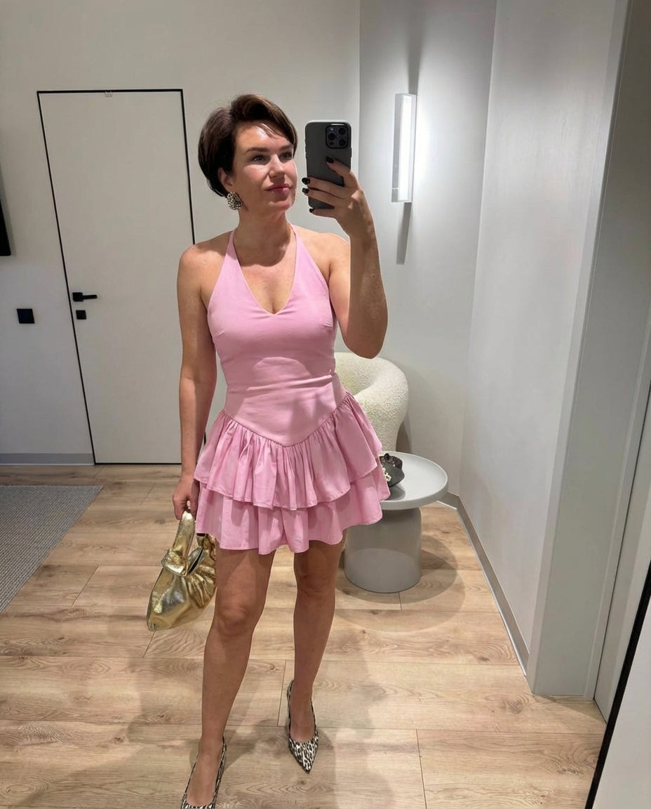 Viola | Coquette Ruffle Mini Dress Pink V Neck