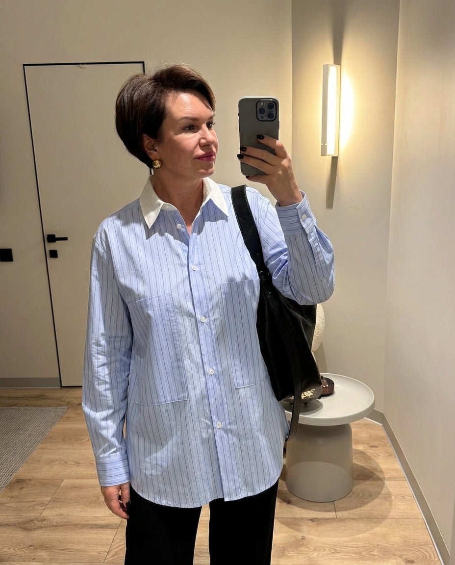 Vera | Striped Long Sleeve Blouse Light Blue White Collar