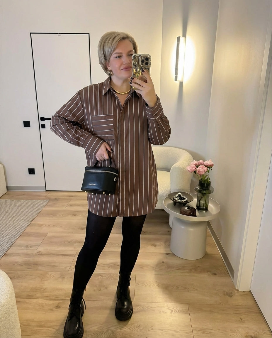 Vera | Striped Button Down Shirt Brown Long Sleeve Pocket
