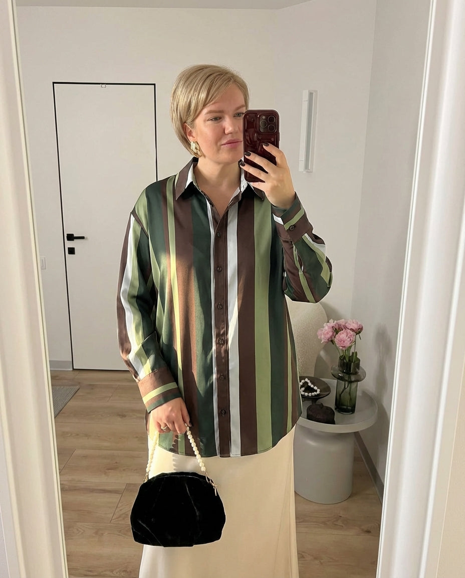 Elise | Striped Button Down Shirt Green Brown White Long Sleeve