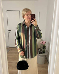 Elise | Striped Button Down Shirt Green Brown White Long Sleeve