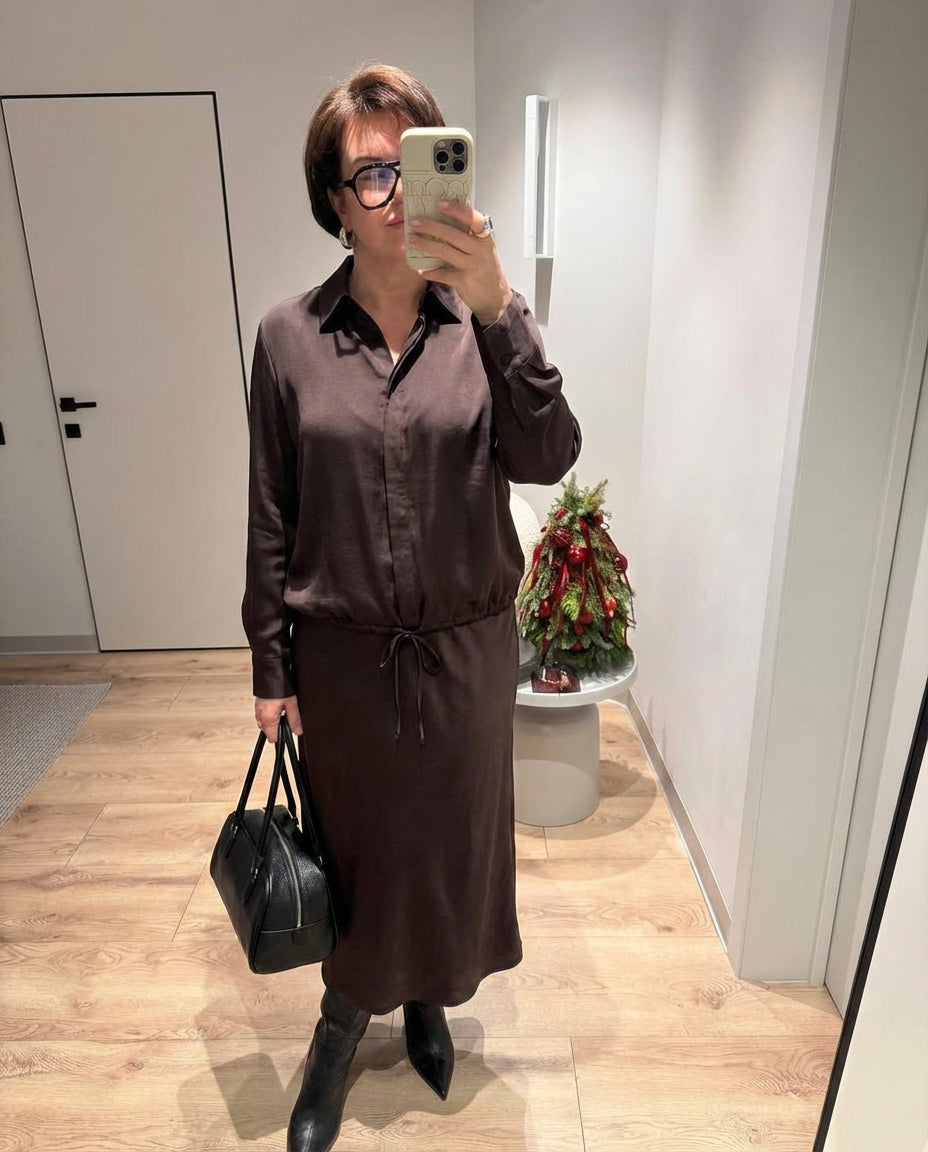 Iris | Oversized Shirt Jacket Brown Drawstring Collar