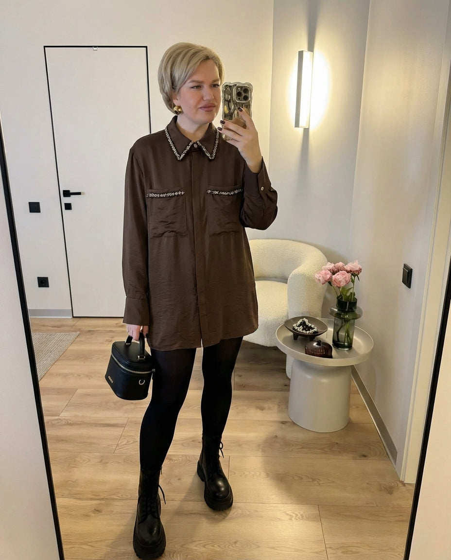 Vera | Utility Shirt Jacket Brown Beaded Collar Long Sleeve