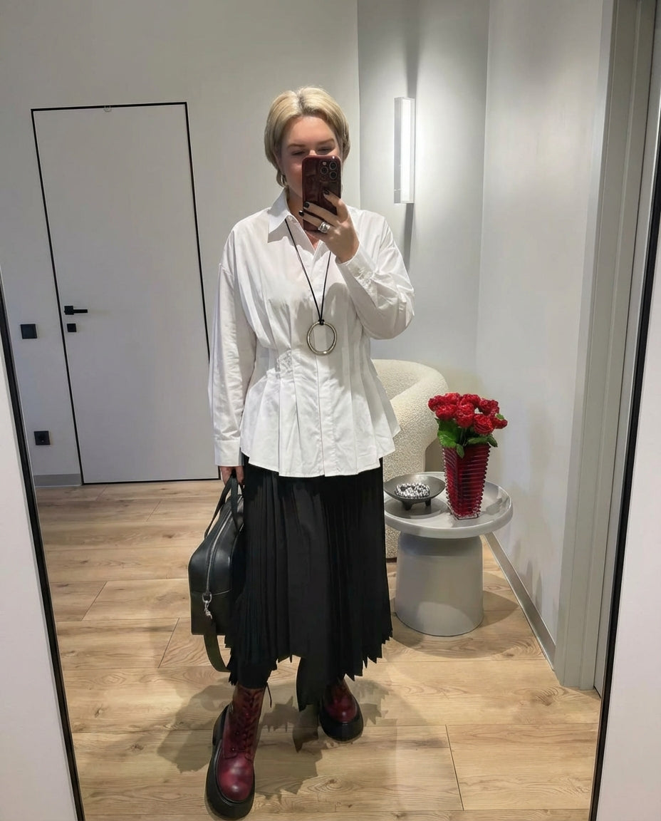 Vera | White Button Down Blouse Pleated Cinched Waist