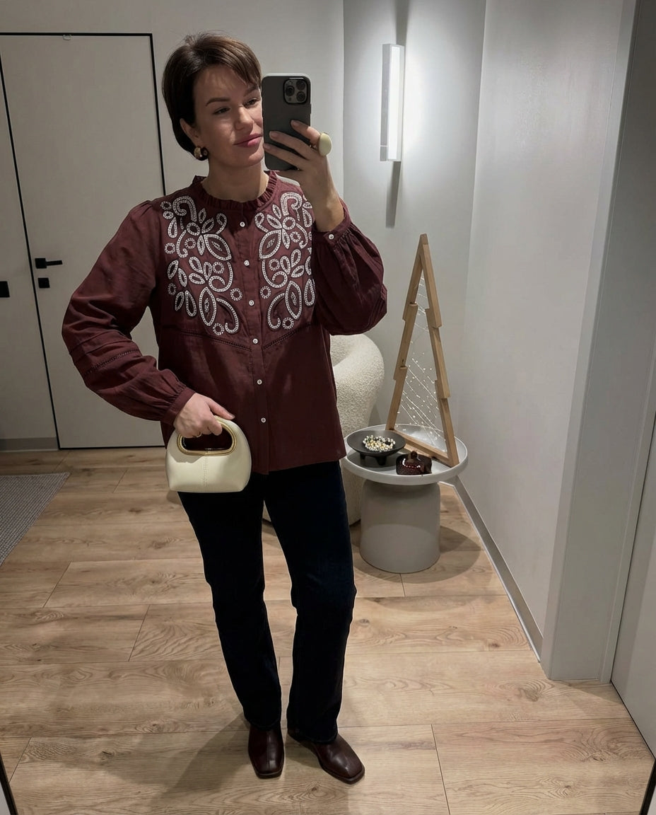 Fleur | Puff Sleeve Embroidered Blouse Burgundy Button Up