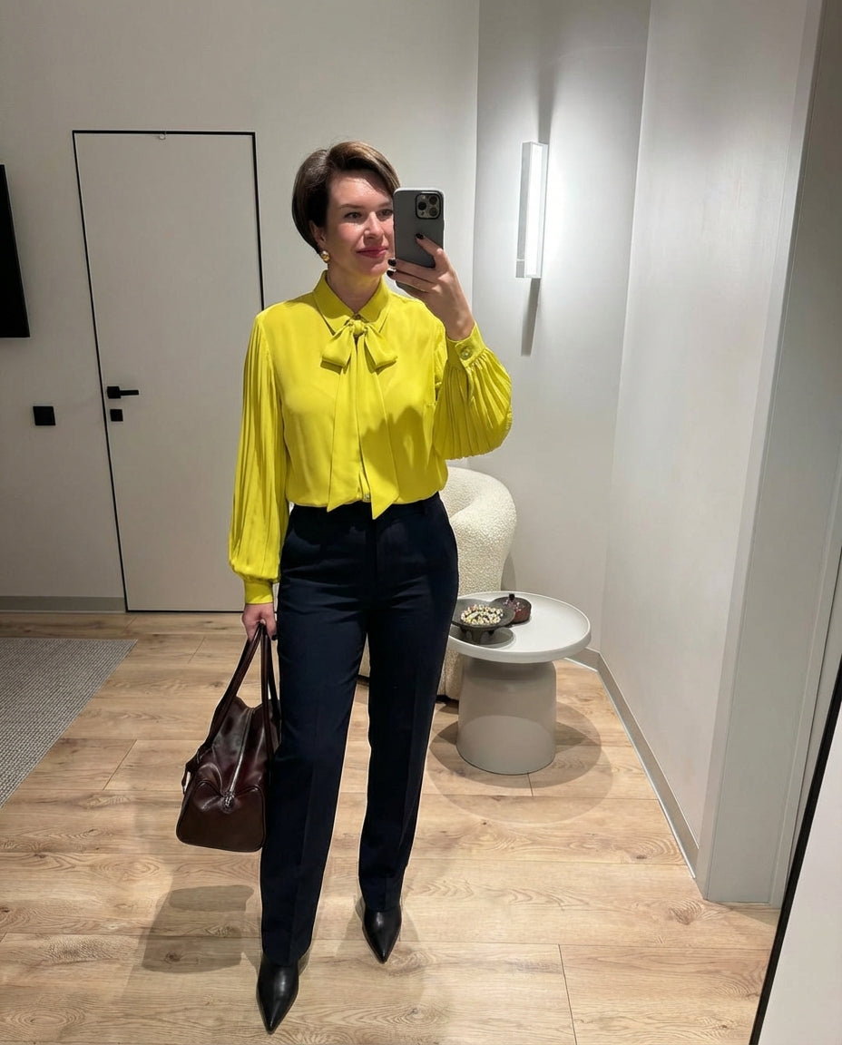 Romy | Tie Front Blouse Yellow Puff Sleeve