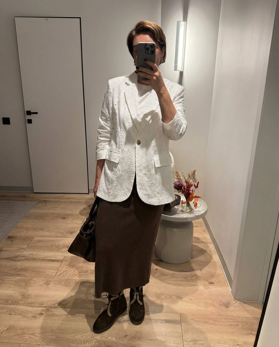 Isla | White Blazer Eyelet Embroidered Single Button