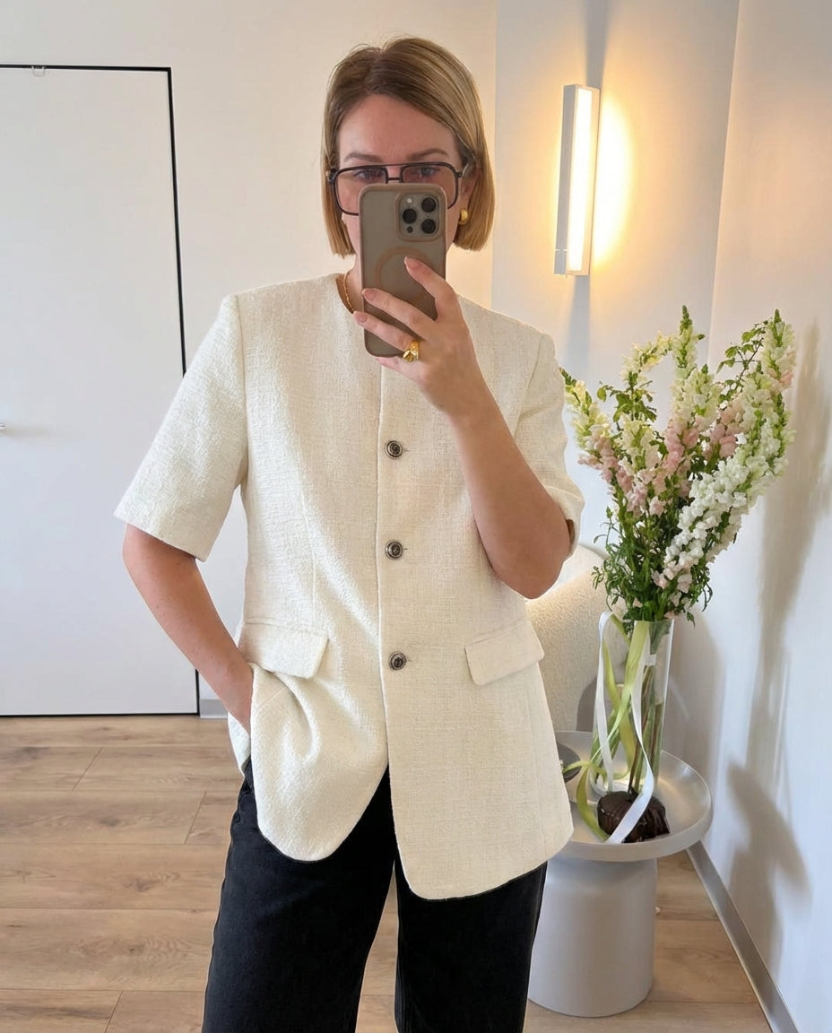 Vera | Smart Casual Button Up Blazer Cream Short Sleeve