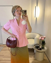Celine | Coquette Button Up Blazer Pink Short Sleeve Floral Pin