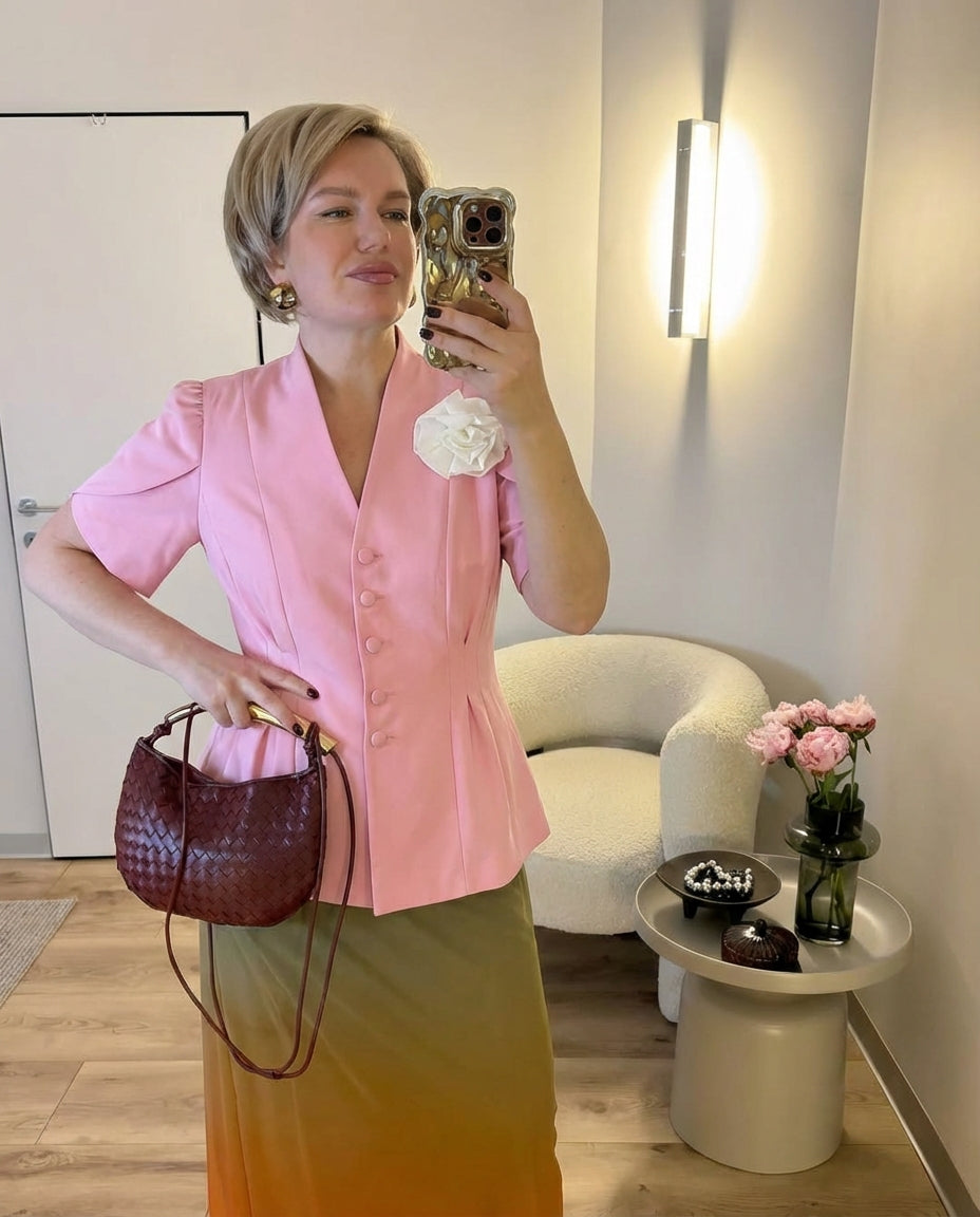 Celine | Coquette Button Up Blazer Pink Short Sleeve Floral Pin