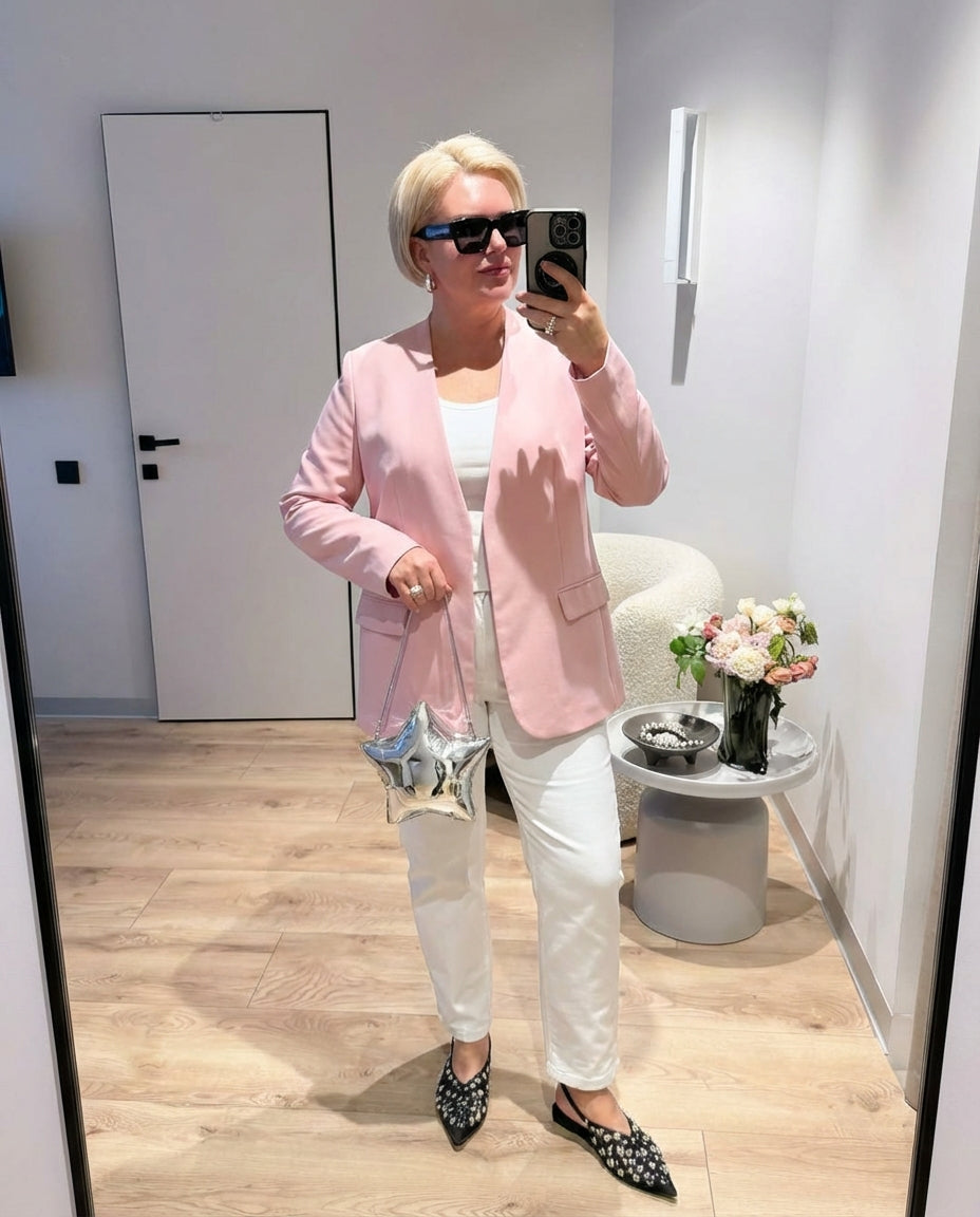 Neve | Womens Blazer Pink Long Sleeve Open Front