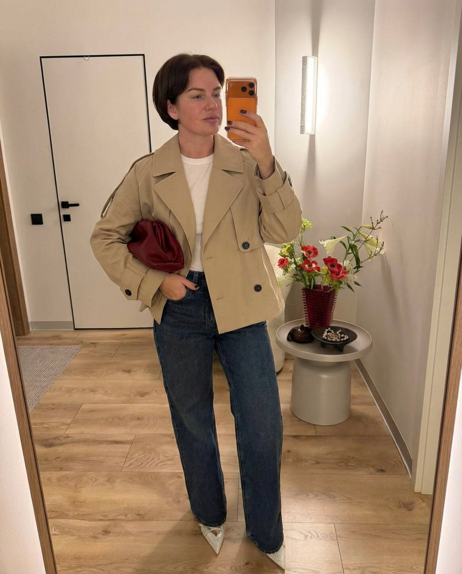 Neve | Double Breasted Trench Coat Cream Cropped