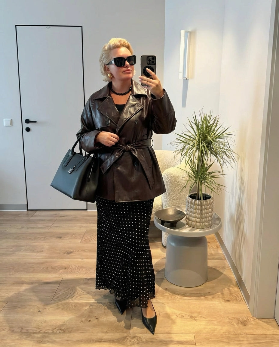 Elodie | Oversized Faux Leather Trench Coat Brown Belted