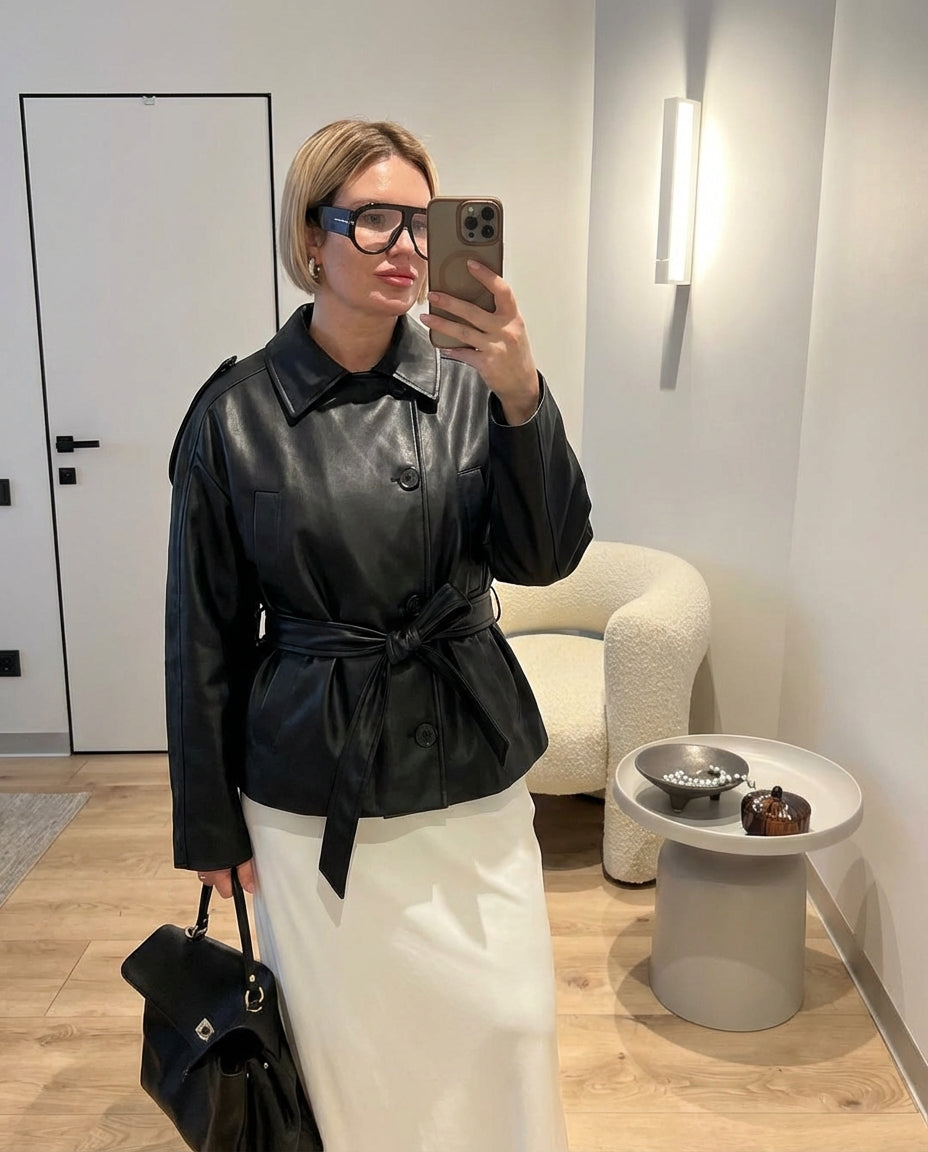 Faye | Belted Faux Leather Jacket Black Button Front