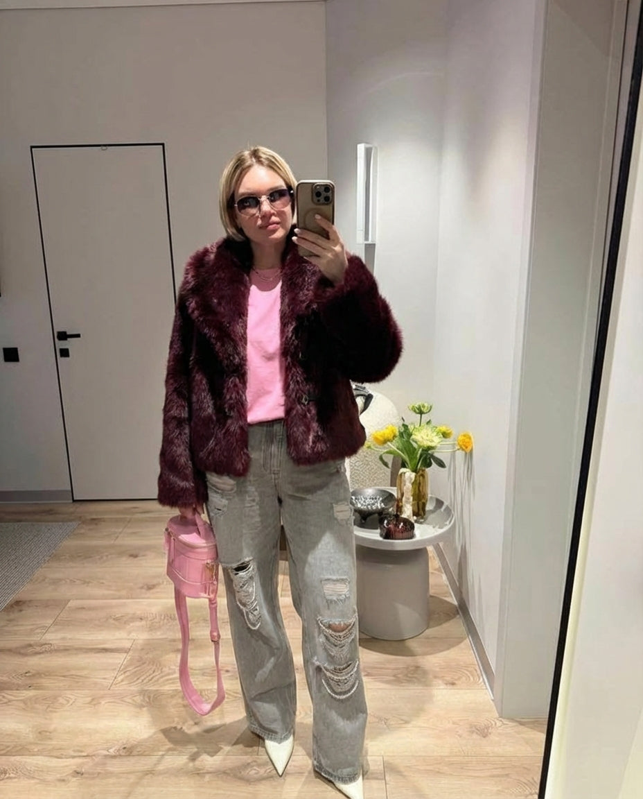 Vera | Faux Fur Coat Burgundy Hook Closure Cropped